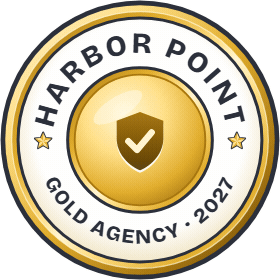 Animated website pin reading Harbor Point, Gold Agency, 2027